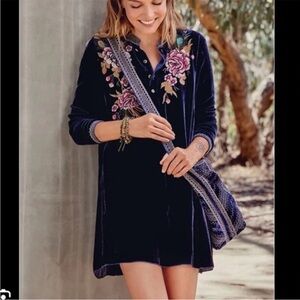 Johnny Was Quito Velvet Dress tunic blue peacock boho embroidered